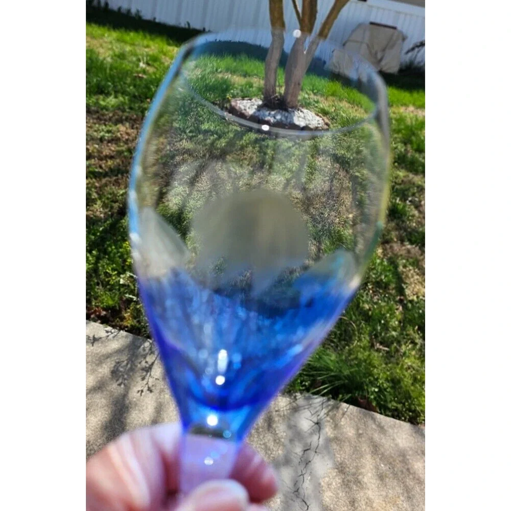 Set of 3 Wine Glasses Cobalt Blue Etched Nautical Theme Starfish Jellyfish 9.25